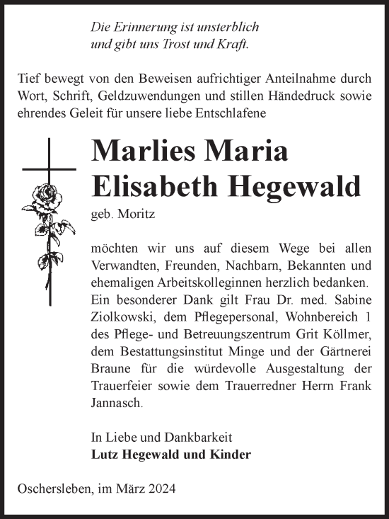 Traueranzeige von Marlies Maria Elisabeth Hegewald von Volksstimme Oschersleben/Wanzleben