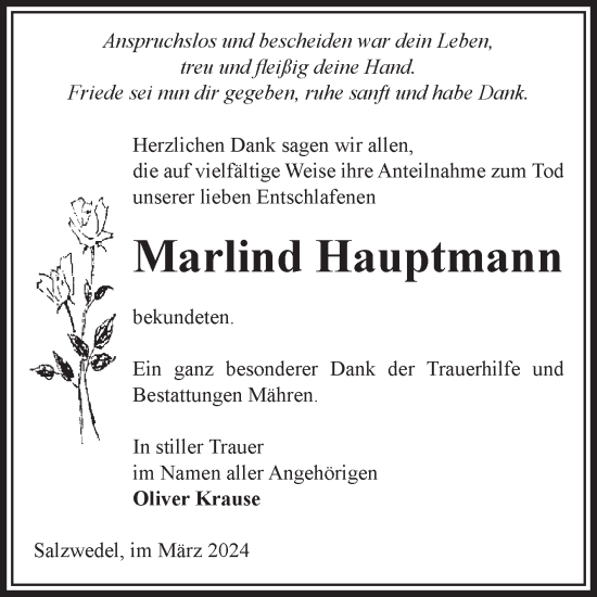 Traueranzeige von Marlind Hauptmann von Volksstimme Altmark West