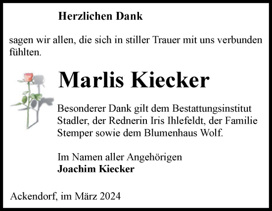 Traueranzeige von Marlis Kiecker von Volksstimme Haldensleben/Wolmirstedt