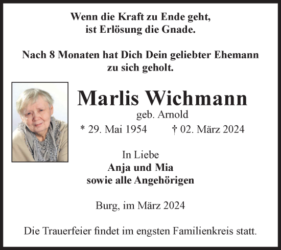 Traueranzeige von Marlis Wichmann von Volksstimme Burg/Genthin