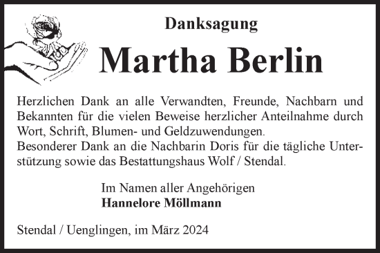 Traueranzeige von Martha Berlin von Volksstimme Altmark Ost