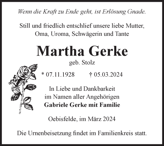 Traueranzeige von Martha Gerke von Volksstimme Altmark West