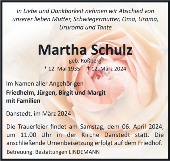 Traueranzeige von Martha Schulz von Volksstimme Halberstadt