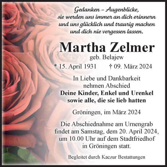 Traueranzeige von Martha Zelmer von Volksstimme Oschersleben/Wanzleben