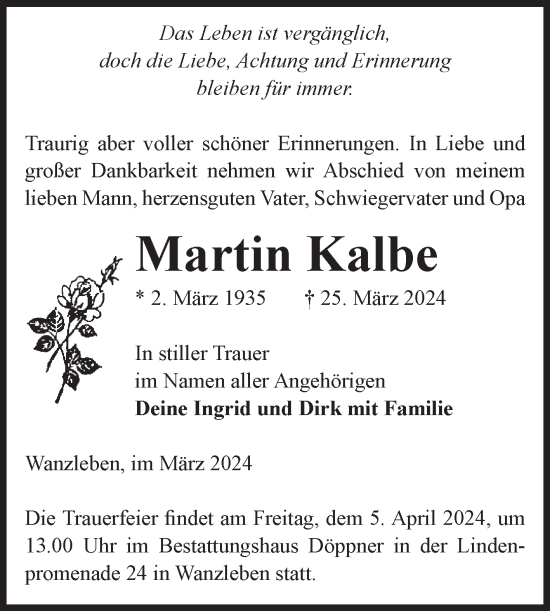 Traueranzeige von Martin Kalbe von Volksstimme Oschersleben/Wanzleben