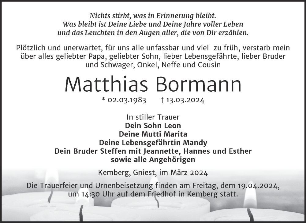  Traueranzeige für Matthias Bormann vom 23.03.2024 aus Trauerkombi Wittenberg