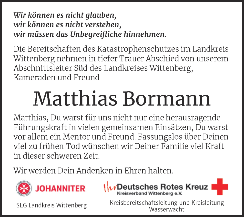  Traueranzeige für Matthias Bormann vom 30.03.2024 aus Super Sonntag Wittenberg