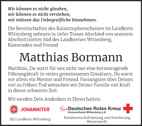Traueranzeige von Matthias Bormann von Super Sonntag Wittenberg