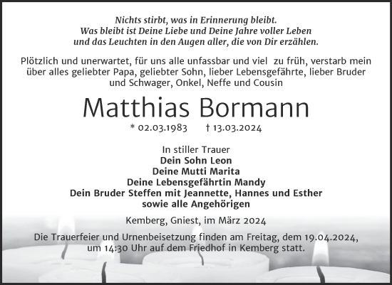 Traueranzeige von Matthias Bormann von Trauerkombi Wittenberg