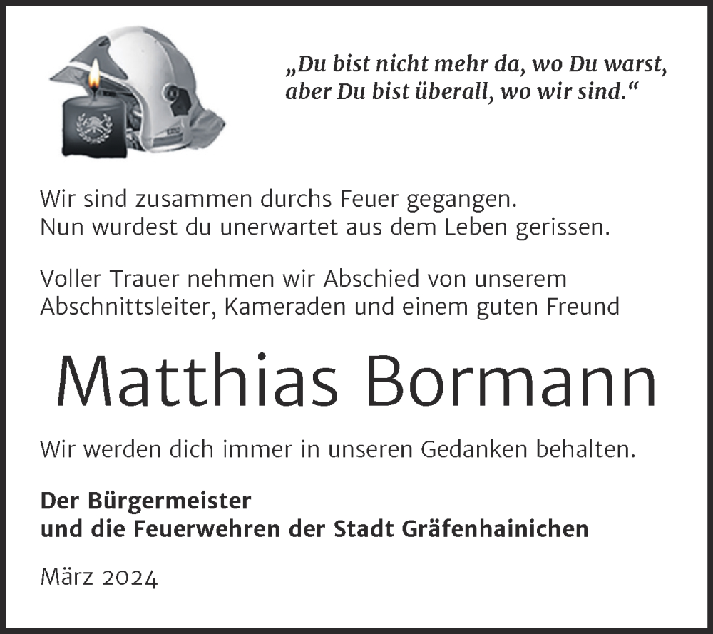  Traueranzeige für Matthias Bormann vom 23.03.2024 aus Super Sonntag Wittenberg