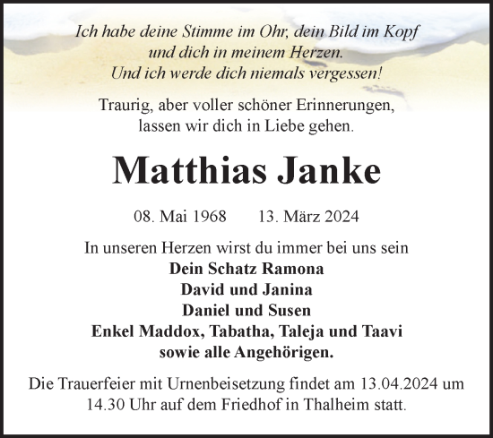 Traueranzeige von Matthias Janke von Trauerkombi Bitterfeld