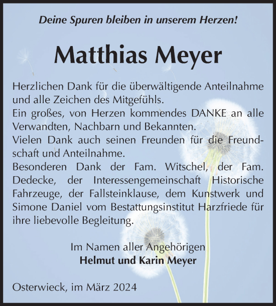 Traueranzeige von Matthias Meyer von Volksstimme Halberstadt