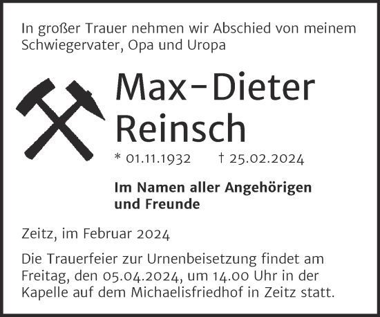 Traueranzeige von Max-Dieter Reinsch von Trauerkombi Zeitz