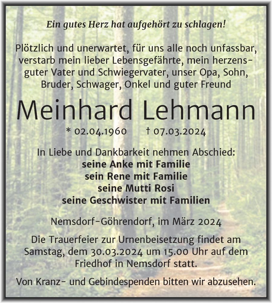  Traueranzeige für Meinhard Lehmann vom 16.03.2024 aus Trauerkombi Merseburg