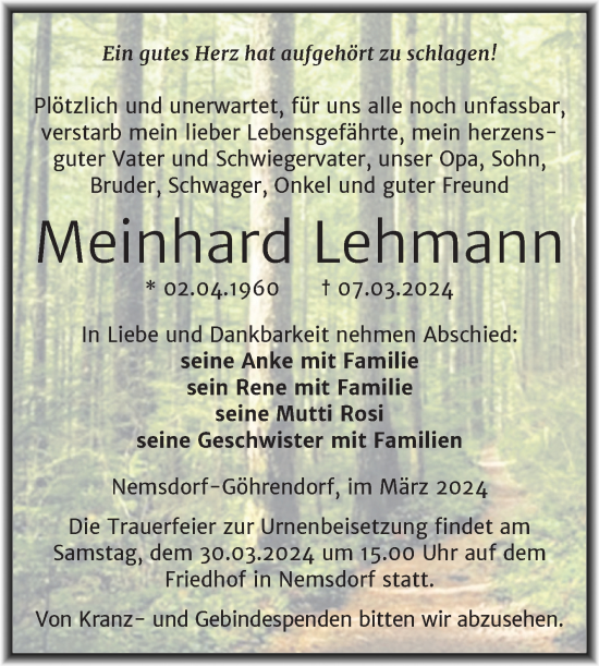 Traueranzeige von Meinhard Lehmann von Trauerkombi Merseburg