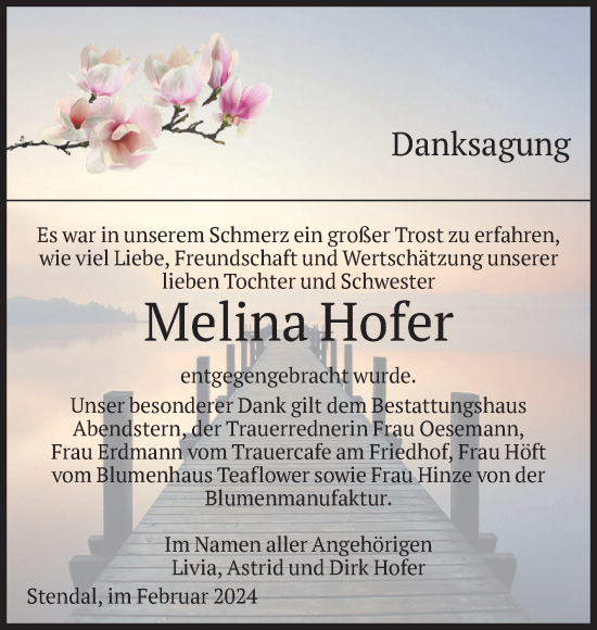 Traueranzeige von Melina Hofer von Volksstimme Altmark Ost