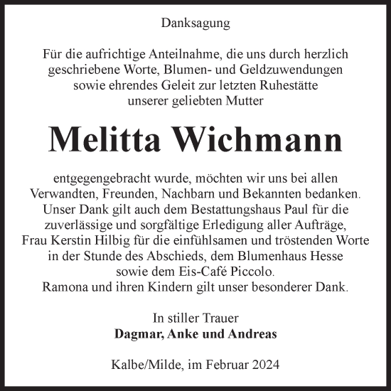 Traueranzeige von Melitta Wichmann von Volksstimme Altmark West