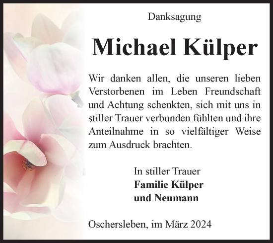 Traueranzeige von Michael Külper von Volksstimme Oschersleben/Wanzleben