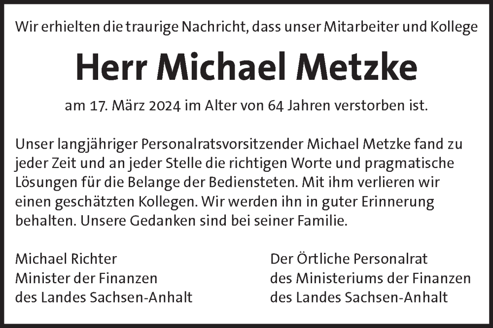  Traueranzeige für Michael Metzke vom 23.03.2024 aus Volksstimme Magdeburg