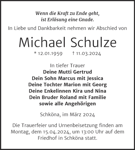 Traueranzeige von Michael Schulze von Trauerkombi Wittenberg