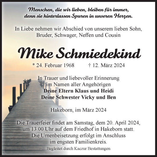 Traueranzeige von Mike Schmiedekind von Volksstimme Staßfurt