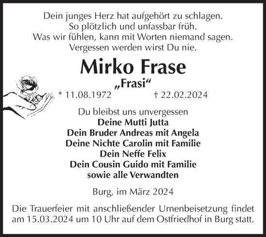 Traueranzeige von Mirko Frase von Volksstimme Burg/Genthin