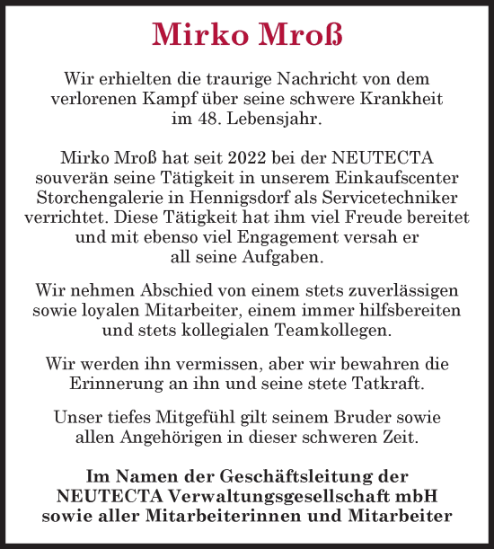 Traueranzeige von Mirko Mroß von Volksstimme Magdeburg