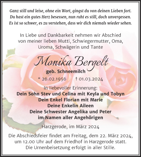 Traueranzeige von Monika Bergelt von Trauerkombi Quedlinburg