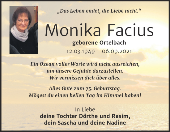 Traueranzeige von Monika Facius von Trauerkombi Wittenberg