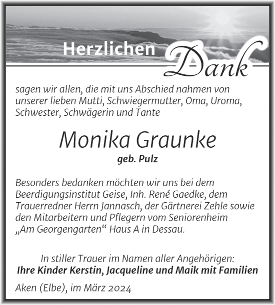 Traueranzeige von Monika Graunke von Trauerkombi Köthen