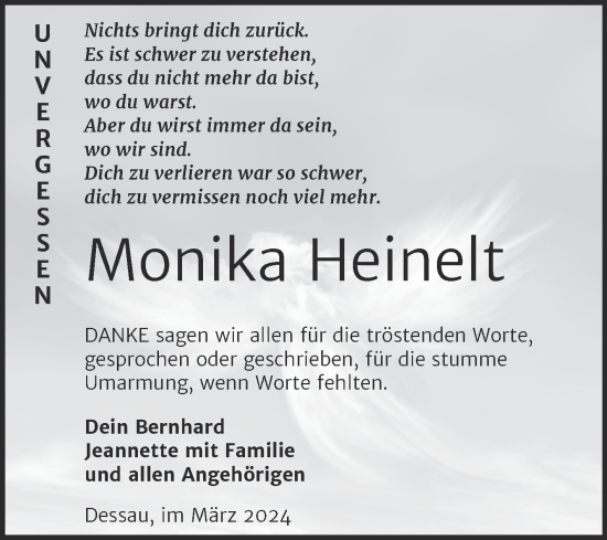 Traueranzeige von Monika Heinelt von Trauerkombi Dessau