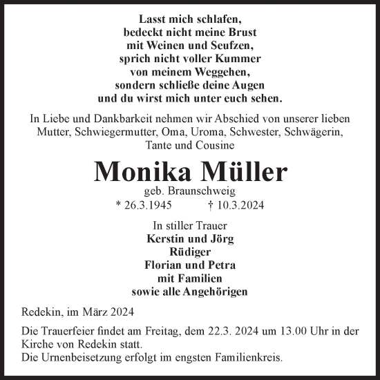 Traueranzeige von Monika Müller von Volksstimme Burg/Genthin