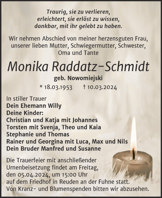 Traueranzeige von Monika Raddatz-Schmidt von Trauerkombi Bitterfeld
