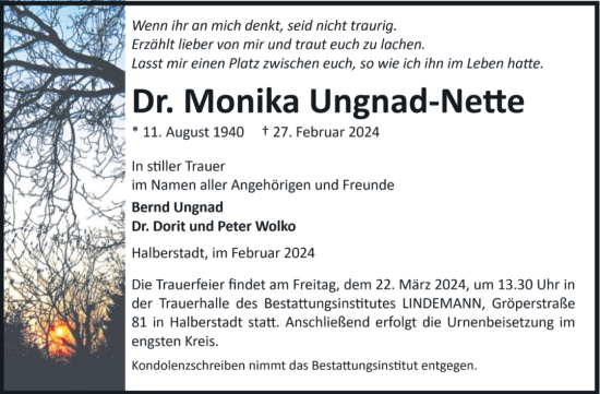 Traueranzeige von Monika Ungnad-Nette von Volksstimme Halberstadt