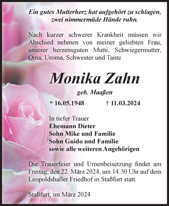 Traueranzeige von Monika Zahn 