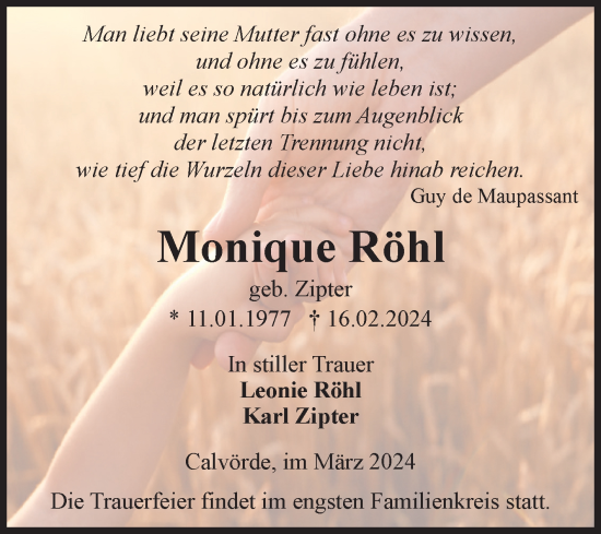 Traueranzeige von Monique Röhl von Volksstimme Haldensleben/Wolmirstedt