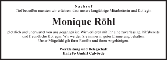 Traueranzeige von Monique Röhl von Volksstimme Haldensleben/Wolmirstedt