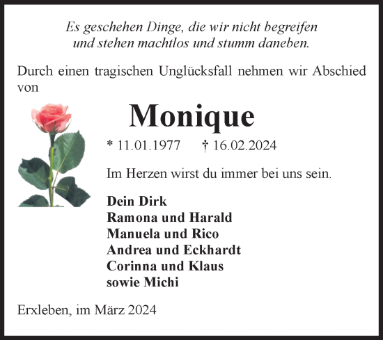 Traueranzeige von Monique Röhl von Volksstimme Haldensleben/Wolmirstedt