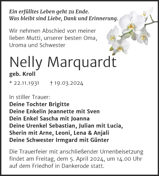 Traueranzeige von Nelly Marquardt von Trauerkombi Quedlinburg