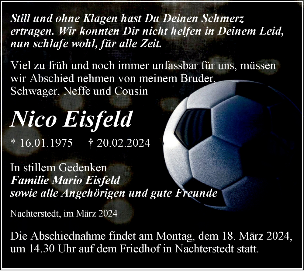  Traueranzeige für Nico Eisfeld vom 09.03.2024 aus Trauerkombi Aschersleben