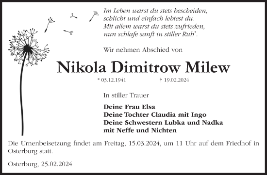 Traueranzeige von Nikola Dimitrow Milew von Volksstimme Altmark Ost