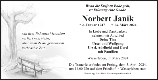 Traueranzeige von Norbert Janik von Volksstimme Wernigerode