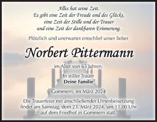 Traueranzeige von Norbert Pittermann von Volksstimme Burg/Genthin