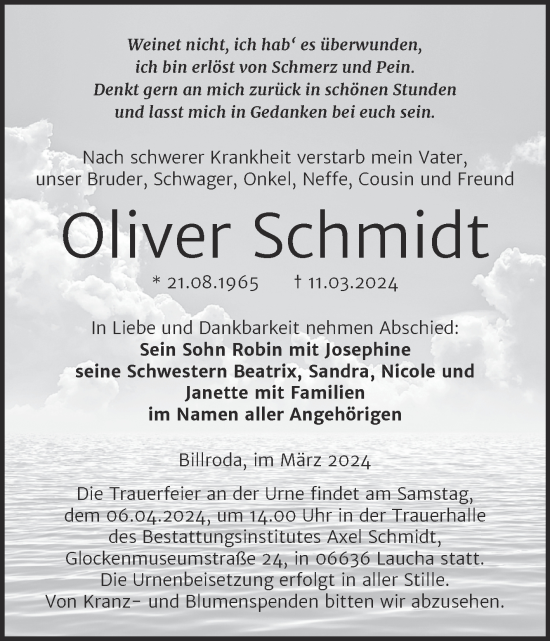 Traueranzeige von Oliver Schmidt von Super Sonntag Naumburg/Nebra