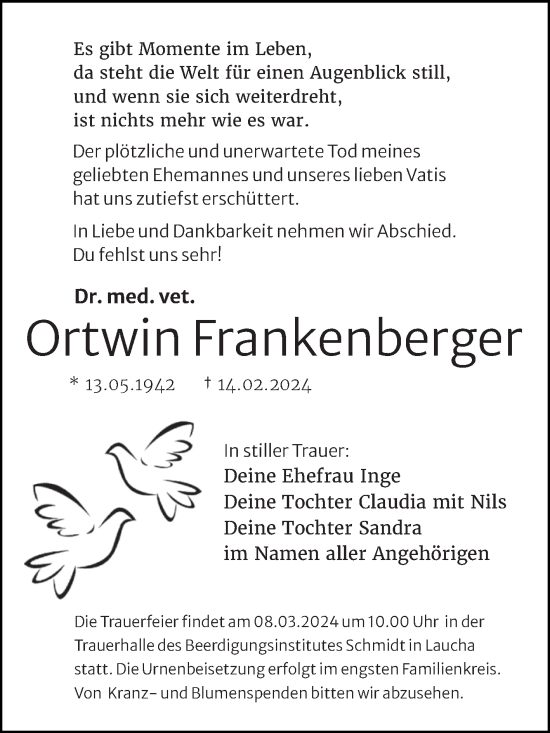 Traueranzeige von Ortwin Frankenberger von Super Sonntag Naumburg/Nebra