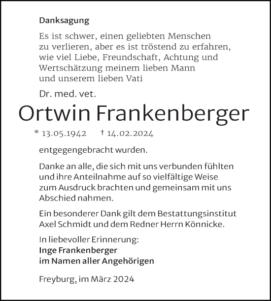 Traueranzeige von Ortwin Frankenberger von Naumburger Tageblatt