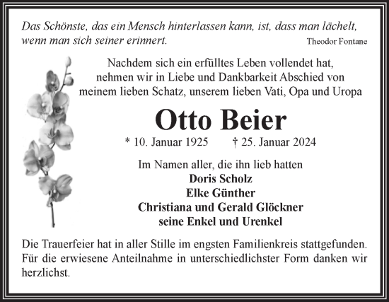 Traueranzeige von Otto Beier von Volksstimme Magdeburg