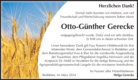 Traueranzeige von Otto-Günther Gerecke von Volksstimme Wernigerode