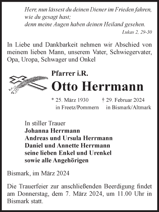Traueranzeige von Otto Herrmann von Volksstimme Altmark Ost