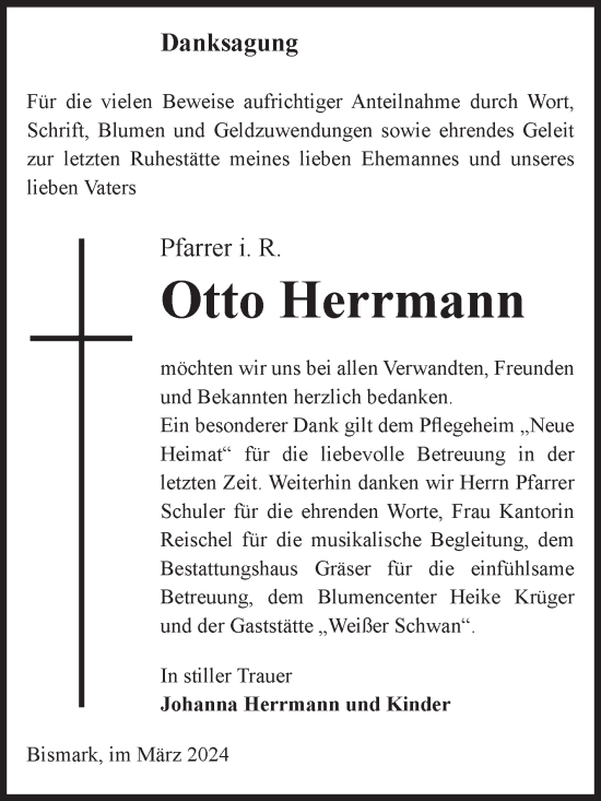 Traueranzeige von Otto Herrmann von Volksstimme Altmark Ost